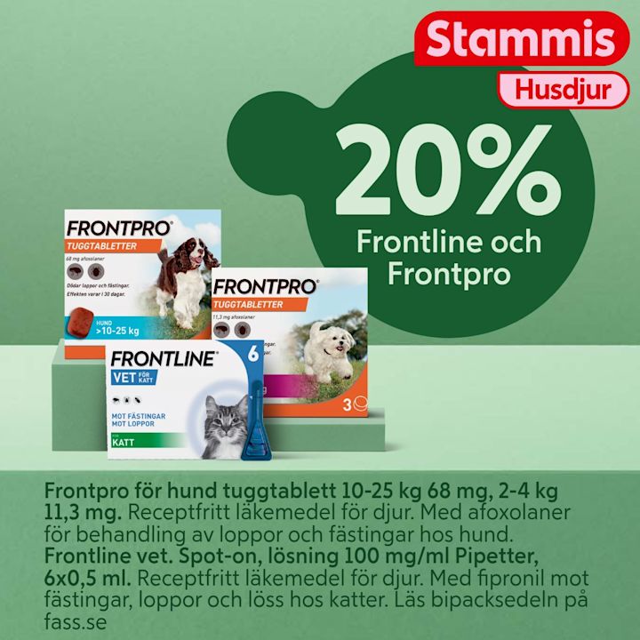 Frontline- och Frontpro-förpackningar för hund och katt står framför en grön bakgrund med text "20% Frontline och Frontpro" och ett rött "Stammis Husdjur"-märke.
