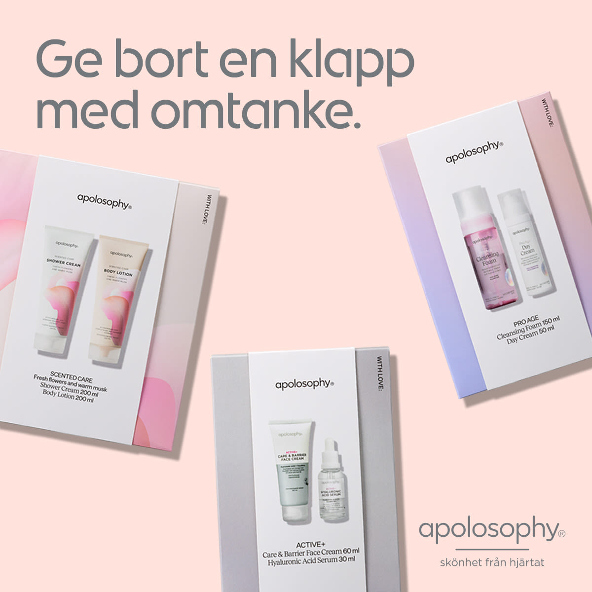 Tre apolosophy hudvårdskit med produkter som shower cream, body lotion, face cream och serum visas mot en ljusrosa bakgrund.