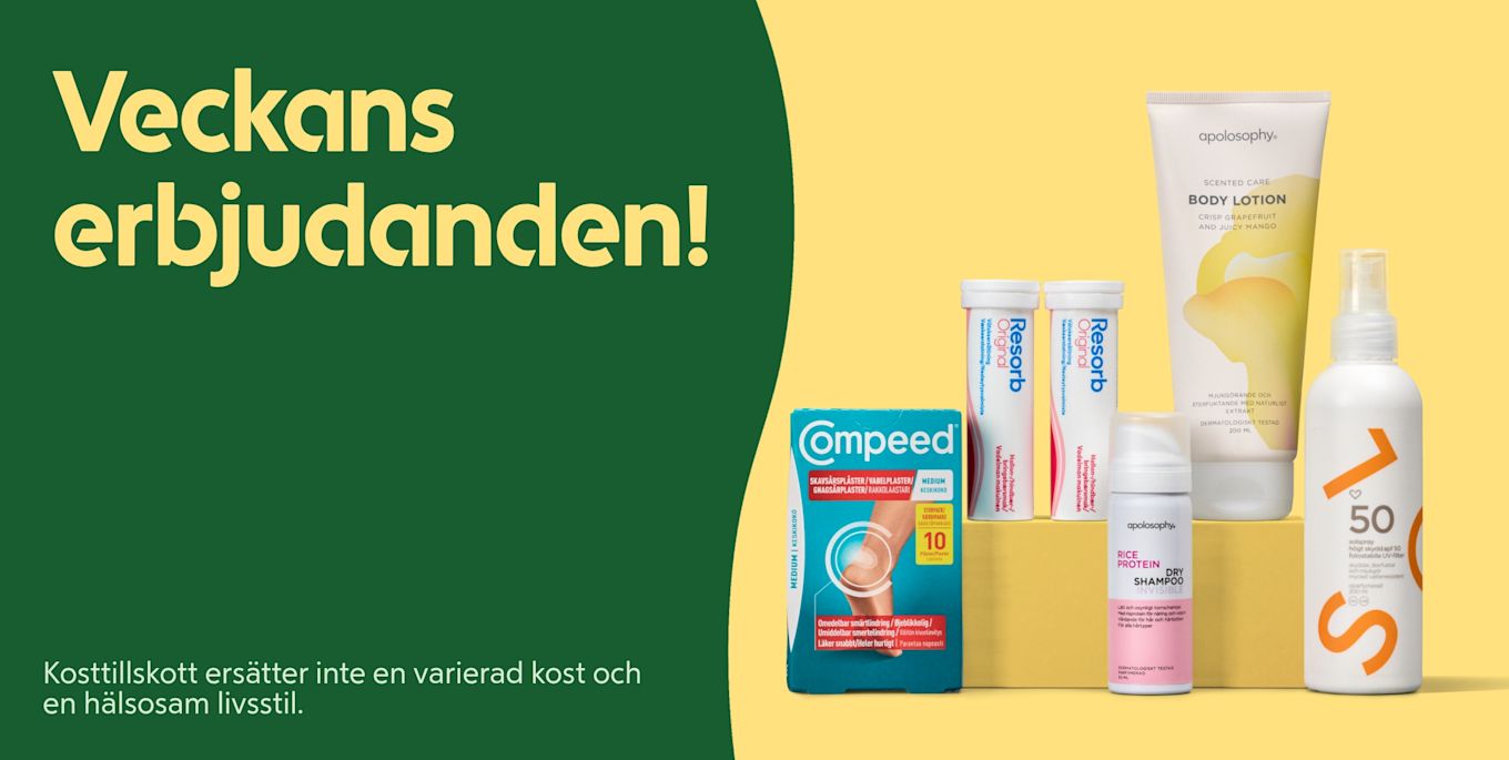 Flera hud- och kroppsvårdsprodukter på gul bakgrund: Compeed-plåsterförpackning, två Resorb-tablettburkar, torrschampo, body lotion och solspray uppradade på små gula block, grön vänstersida med texten "Veckans erbjudanden!".