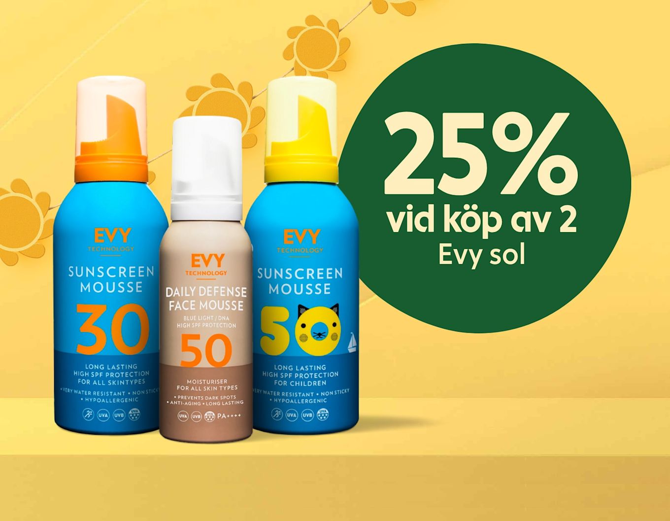 Tre solskyddsmousseflaskor i blått och beige står på ett gult underlag, bredvid en grön cirkel med texten "25% vid köp av 2 Evy sol".