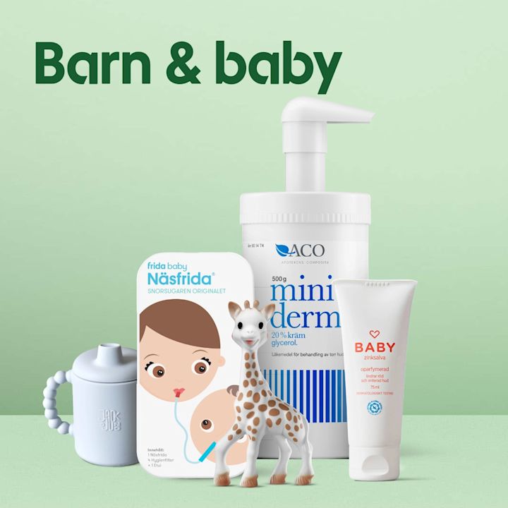 Ingång till kategorin Barn & föräldrar. I bild står flera barn- och babyprodukter från bland annat FridaBaby, Miniderm, Sophie La Giraffe och Hjärtats mot en mintgrön bakgrund med rubriken "Barn & baby".