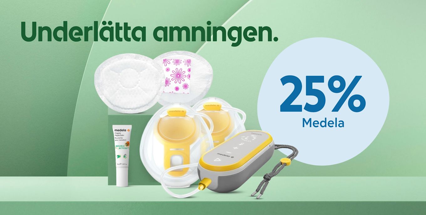 Bröstpump, bröstvårtskräm och amningsinlägg visas med texten "Underlätta amningen" och en cirkel med "25% Medela" på en grön bakgrund.