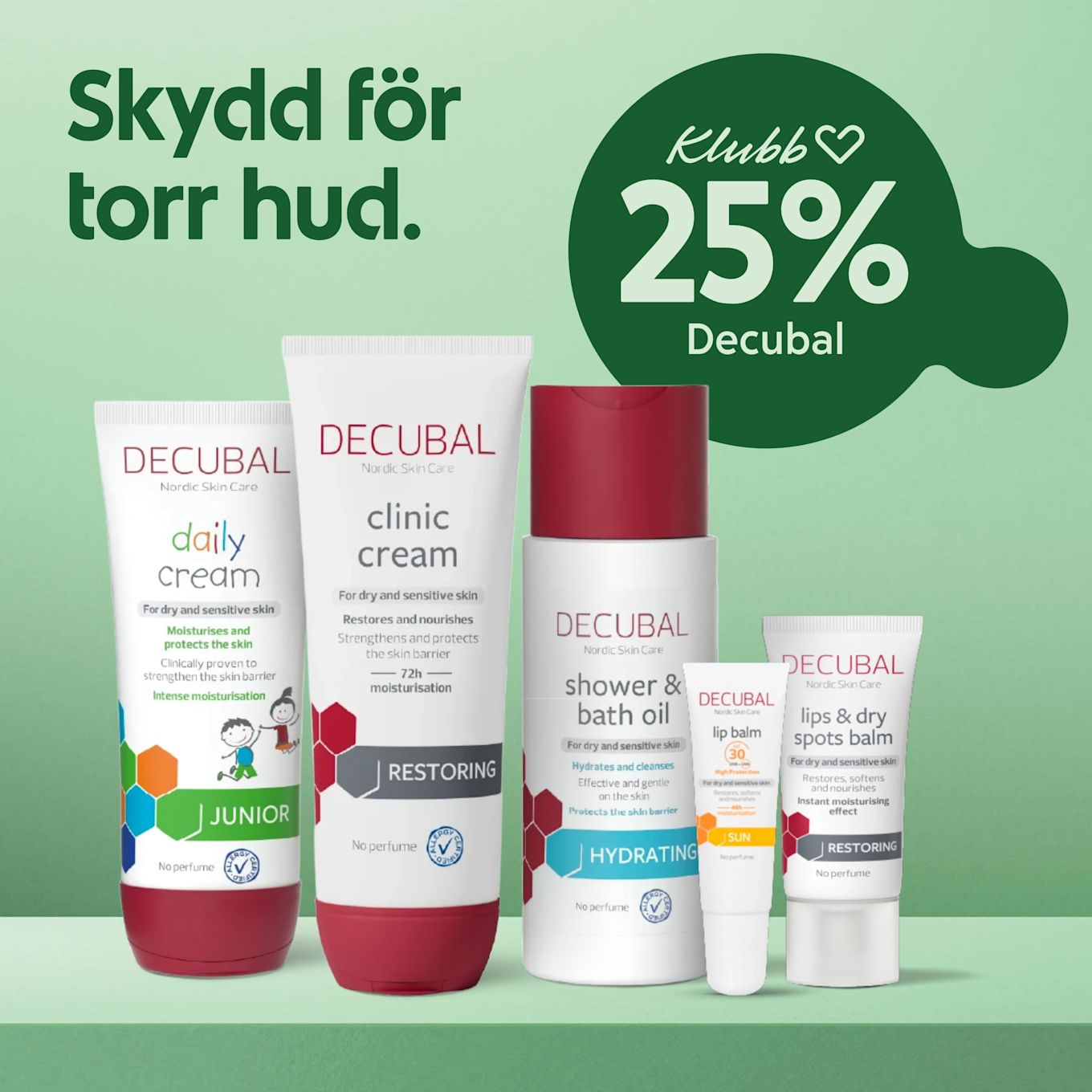 Flera Decubal hudvårdsprodukter i olika tuber och förpackningar på en grön bakgrund med texten "Skydd för torr hud" och en grön cirkel med "Klubb 25% Decubal".