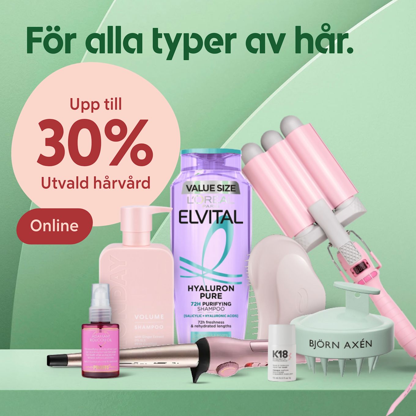 Utvald hårvårdsprodukter och verktyg som schampo, hårolja, locktång och hårborste visas mot en grön bakgrund med text om 30% rabatt online.
