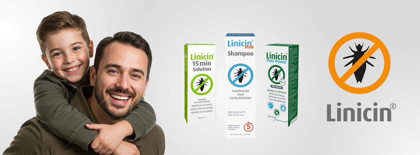 Flera Linicin-produkter mot löss står uppradade. Tillsammans med en leende pappa och son. 