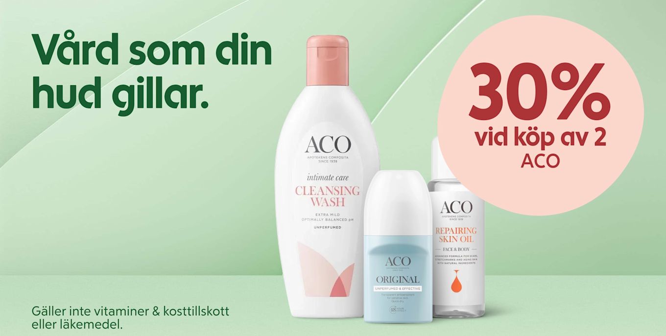 tre ACO-hudvårdsflaskor i förgrunden, en rengöringswash, en deodorant och en reparerande hudolja, mot ett grönt bakgrundsskikt med texten "Vård som din hud gillar" och en rosa cirkel med "30% vid köp av 2 ACO".