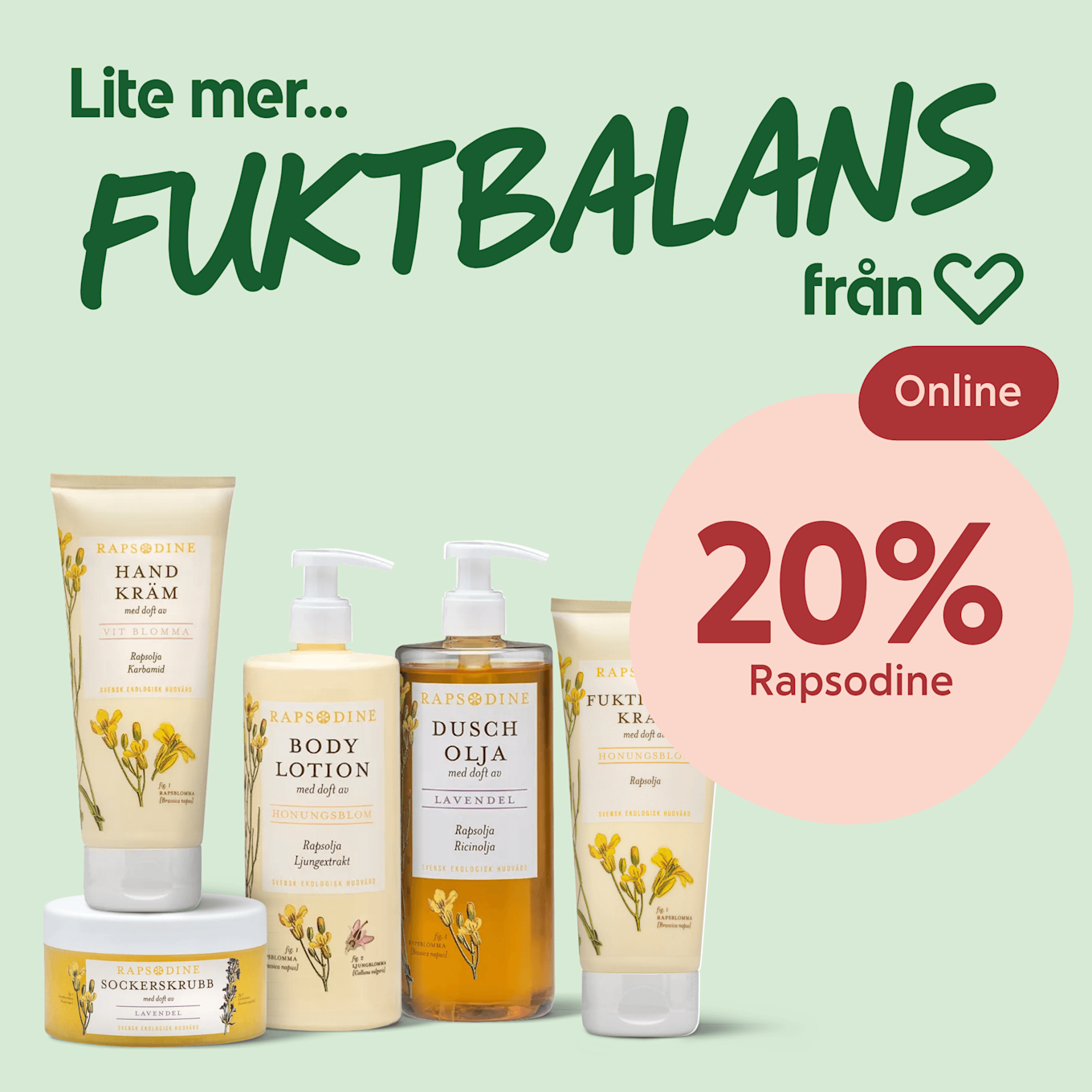 Fem Rapsodine-produkter i rad (handkräm, body lotion, duscholja, fuktkräm, kropsskrubb) med gula blomstermotiv, till vänster grön text "Lite mer... FUKTBALANS från Hjärtat" och till höger rosa cirkel med "20% Rapsodine".