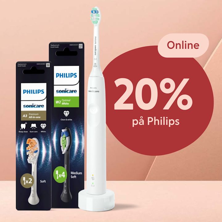 Philips Sonicare eltandborste med två paket borsthuvuden, erbjudande på 20 procent rabatt online på Philips-produkter.
