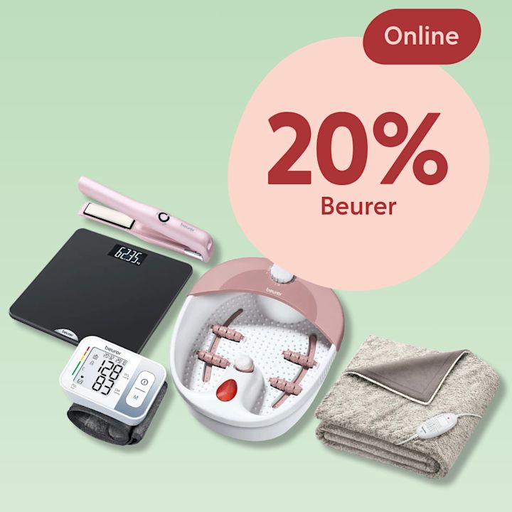 Fem hemmavårdsprodukter i pastellfärger: en svart digital våg, ett rosa hårstylerjärn, en vit och rosa fotmassagebadkar med rullar, en digital handledsblodtrycksmätare och en grå elektrisk värmefilt mot ljusgrön bakgrund, samt en stor rosa cirkel med texten "20% Beurer".