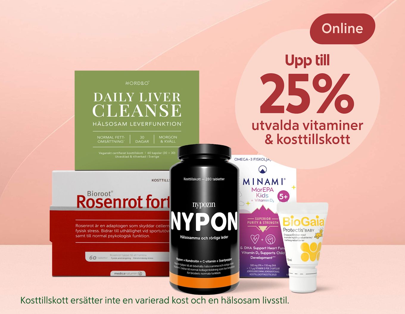 Flera kosttillskottsprodukter staplade framför en rosa bakgrund, med en svart Nypon-flaska i förgrunden och erbjudandet "Upp till 25%" i stort rött tryck till höger.