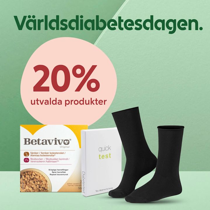 Texten "Världsdiabetesdagen. 20% utvalda produkter" visas ovanför en låda Betavivo havreflingor, ett diabetes snabbtest och ett par svarta strumpor mot en grön bakgrund.