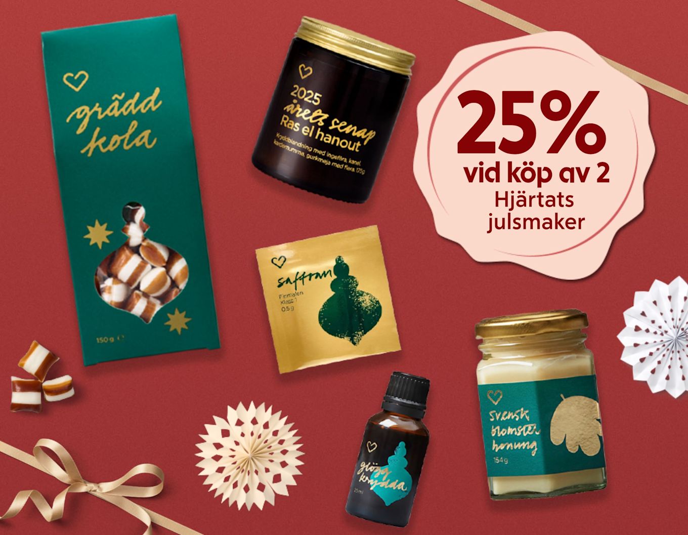 Flera julprodukter som gräddkola, årets senap, saffran, glöggkrydda och svensk blomsterhonung visas på röd bakgrund med erbjudandet 25% rabatt vid köp av 2 Hjärtats julsmaker.