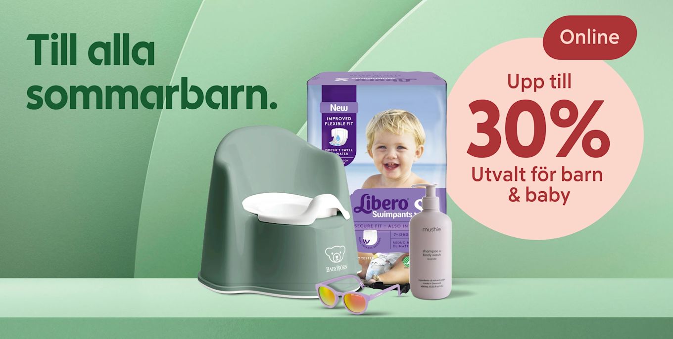 Grön barnpotta, paket Libero badblöjor med leende barn på förpackningen, rosa schampo-flaska, solglasögon och text "Upp till 30% Utvalt för barn & baby" mot mjukt grönt bakgrund.'