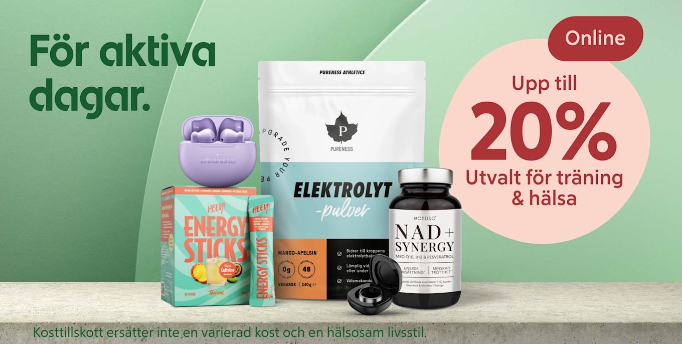 Grön bakgrund med texten "För aktiva dagar", framställt urval av produkter för träning och hälsa (elektrolytpulver, NAD+ kapslar, energy sticks, lila trådlösa öronproppar) och rosa cirkel med "Upp till 20%".