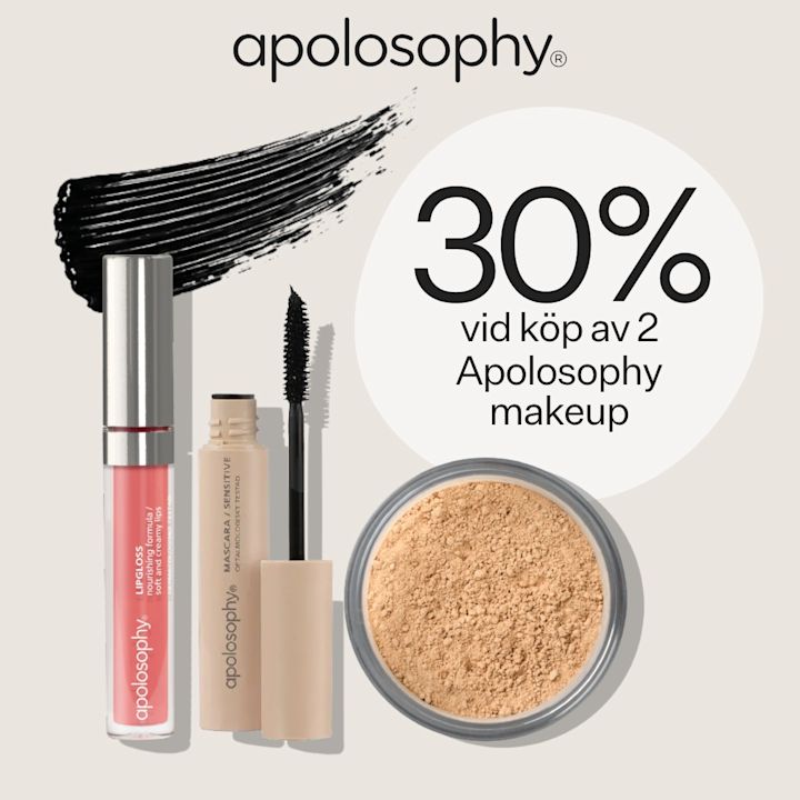 Tre sminkprodukter från Apolosophy(rosa läppglans, svart mascara  och mineralfoundation) och texten "30% vid köp av 2 Apolosophy makeup".