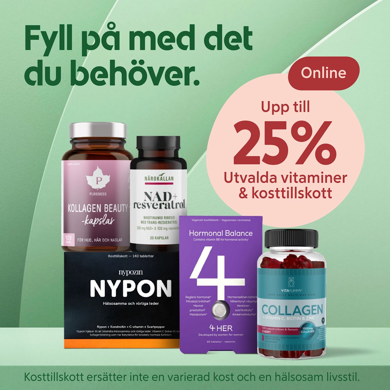 Fyra olika vitaminer och kosttillskott i burkar och förpackningar står på en grön bakgrund med text om upp till 25% rabatt online.