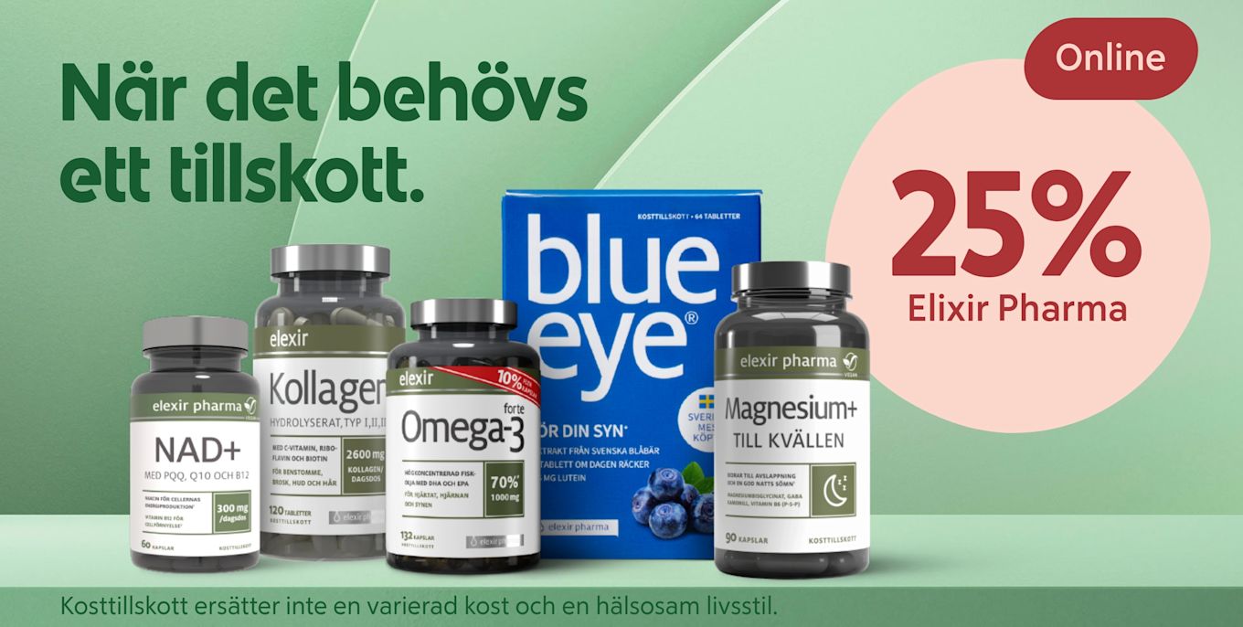 Flera kosttillskottsburkar och en blå förpackning i förgrunden med texten "När det behövs ett tillskott" på grön bakgrund och en rosa cirkel till höger med "25% Elixir Pharma" samt en liten röd etikett "Online".