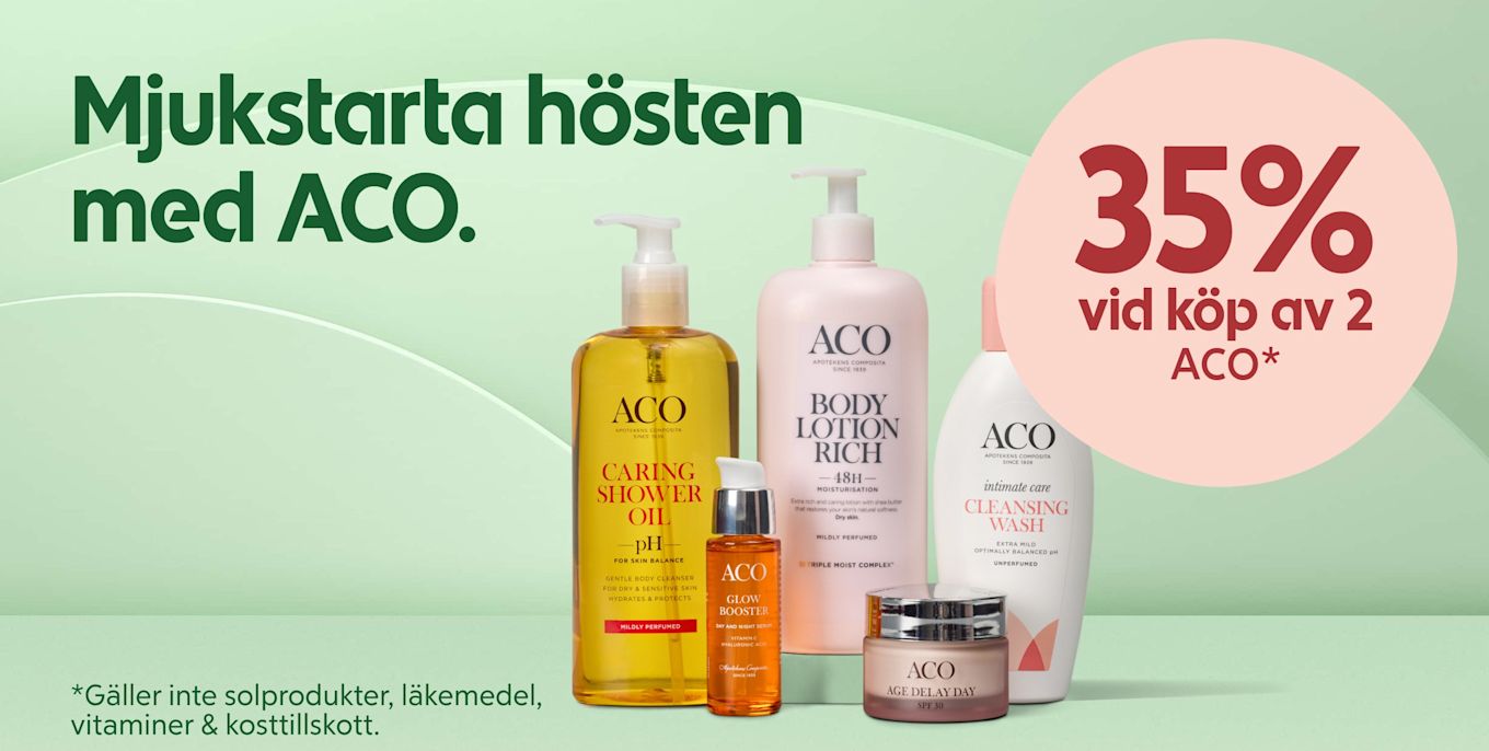 Flera ACO-hudvårdsprodukter på mintgrön bakgrund, med texten "Mjukstarta hösten med ACO" till vänster och en rosa cirkel till höger med erbjudandet "35% vid köp av 2 ACO".
