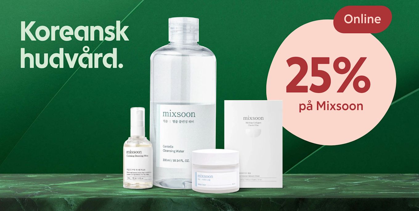 Fyra Mixsoon koreanska hudvårdsprodukter placerade på en grön marmorbänk med texten "Koreansk hudvård" och "25% på Mixsoon Online" på grön bakgrund.