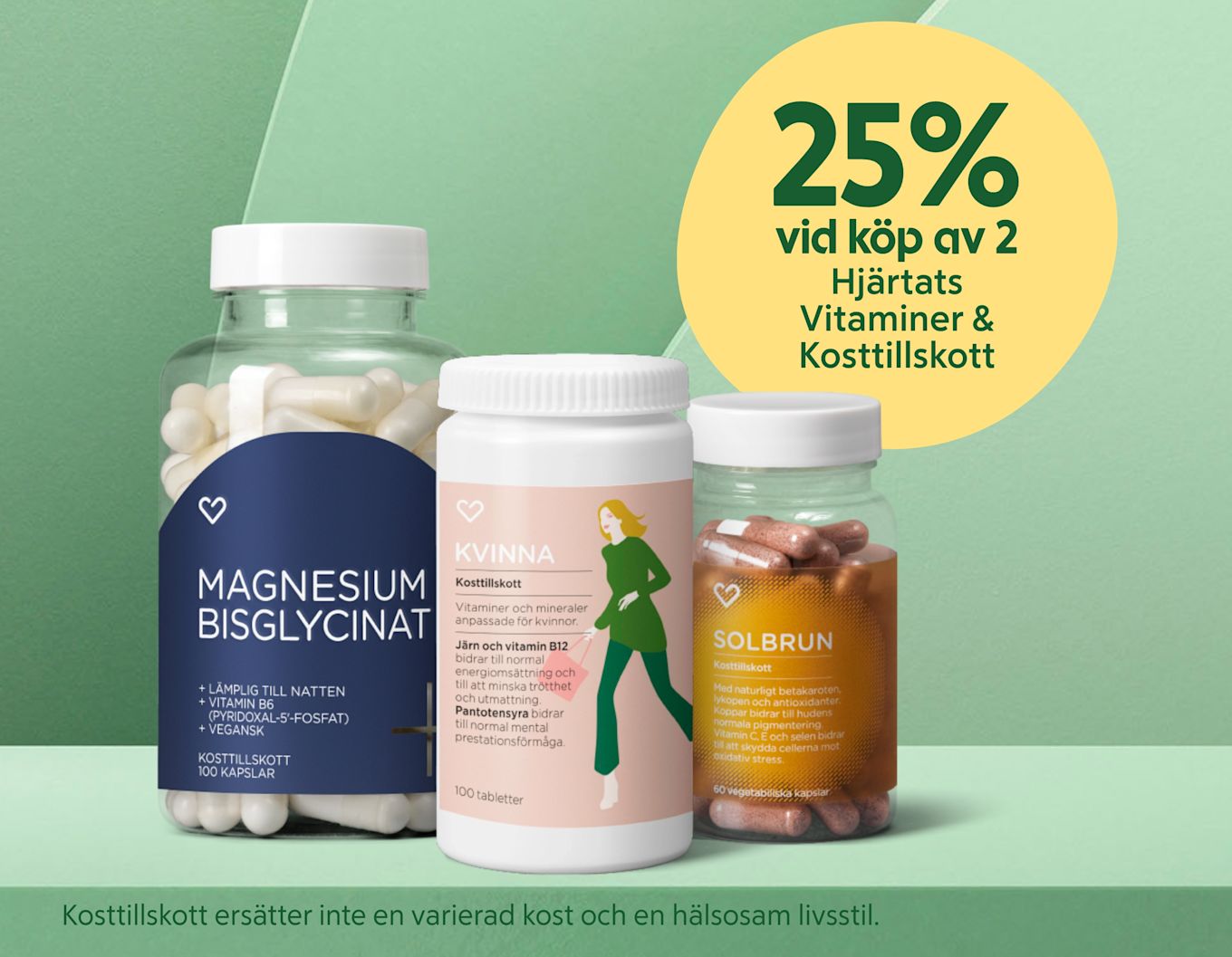 Tre kosttillskottsflaskor i förgrunden (magnesium, kvinna-vitaminer, solbrun) på grön bakgrund med gul cirkeltext "25% vid köp av 2 Hjärtats Vitaminer & Kosttillskott".
