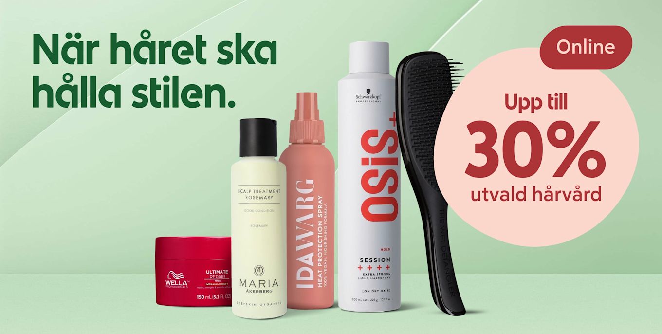 Fem hårvårdsprodukter från olika varumärken står uppställda framför mintgrön bakgrund med texten "När håret ska hålla stilen" och en rosa cirkel som visar "Upp till 30% utvald hårvård".