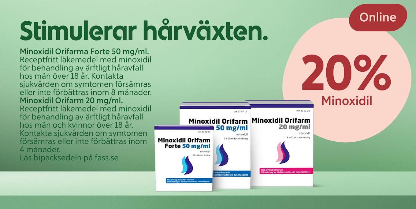 Förpackningar av Minoxidil Orifarm 50 mg/ml och Minoxidil Orifarm 20 mg/ml visas med text om hårväxtstimulering och doseringsinformation på grön bakgrund. Erbjudande med 20% rabatt online.