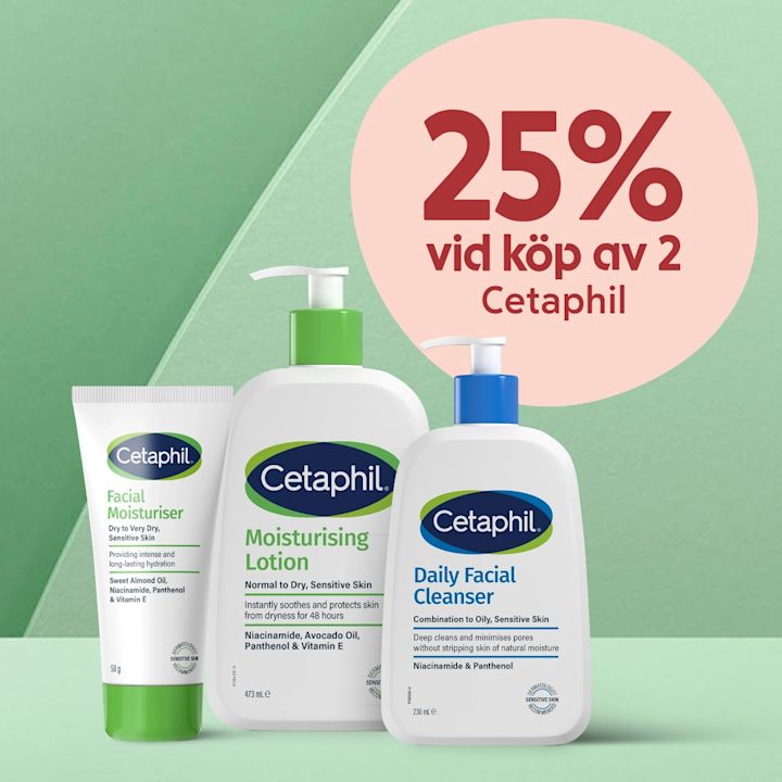 Tre Cetaphil-produkter (Facial Moisturiser, Moisturising Lotion, Daily Facial Cleanser) framför grön bakgrund med rosa cirkel som kommunicerar "25% vid köp av 2 Cetaphil".