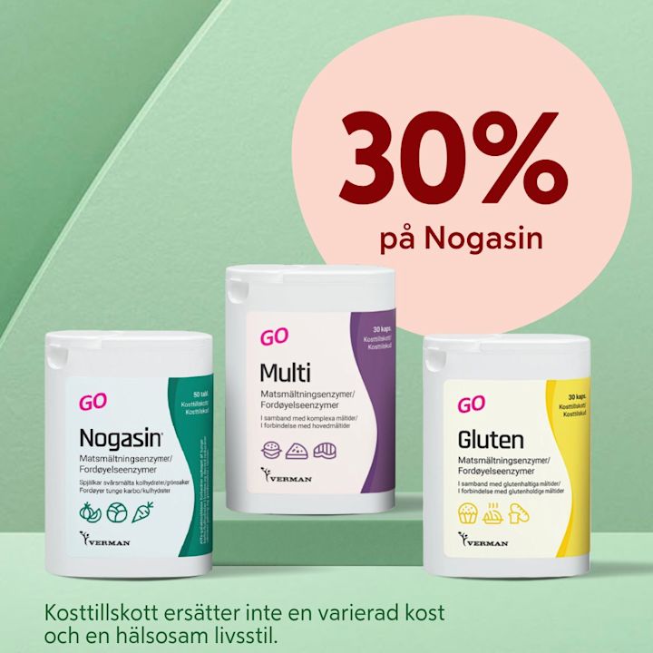 Tre burkar med matsmältningsenzymprodukter från Verman står på en grön yta med texten "30% på Nogasin" i en rosa cirkel i bakgrunden.