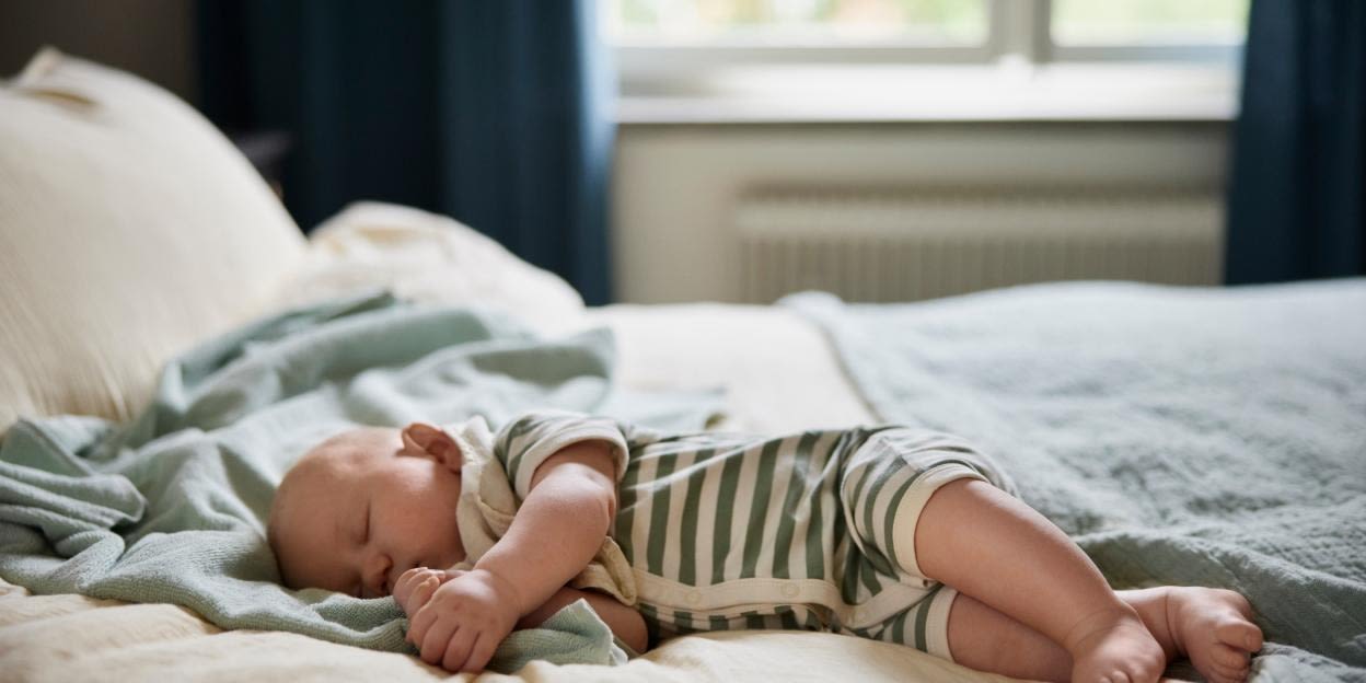 Sovande spädbarn vilar på en bäddad säng i hemmiljö. Bilden illustrerar vardagen med en baby och tillbehör som kan förenkla sömn, vila och omsorg under barnets första tid.