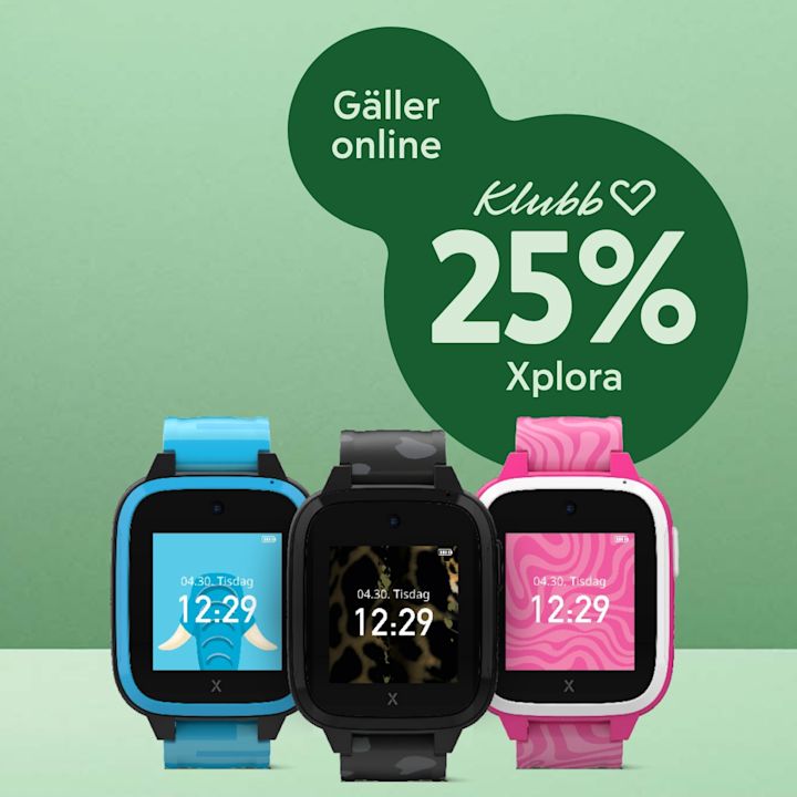 Tre Xplora barnklockor i blått, svart och rosa framför en grön bakgrund med en mörkgrön bubbla där det står "Klubb 25% Xplora" och "Gäller online".