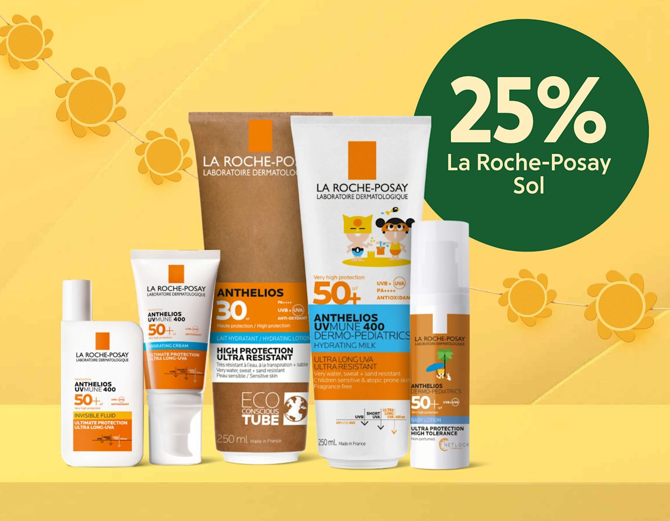 Flera La Roche-Posay solskyddsprodukter i olika tuber och flaskor framför en gul bakgrund med solgirlang och grön cirkel med texten "25% La Roche-Posay Sol".