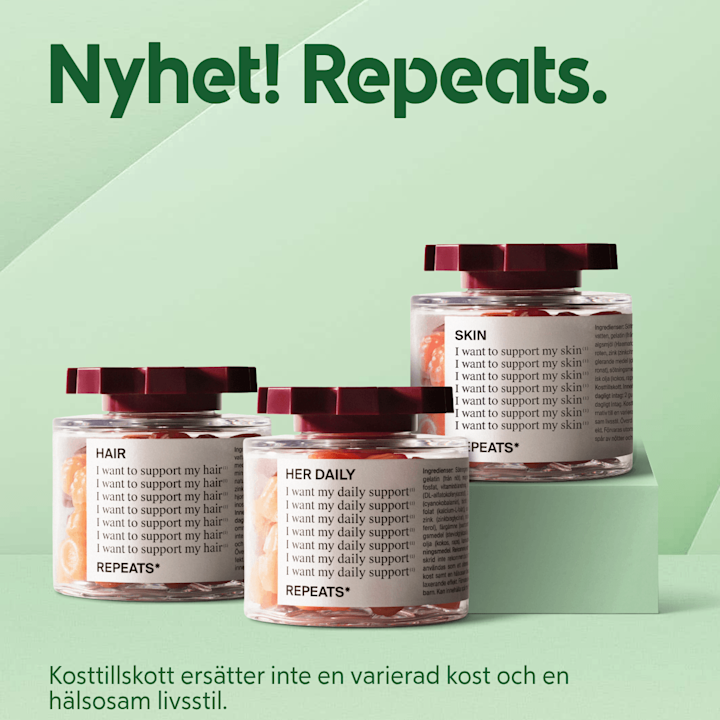 Nyhet! Kosttillskott från varumärket Repeats. Tre genomskinliga burkar med mörkröda lock märkta "HAIR", "HER DAILY" och "SKIN" fyllda med orange-gula tuggtabletter, placerade på mintgrön bakgrund med texten "Nyhet! Repeats." ovanför och text om att kosttillskott inte ersätter en varierad kost nederst.