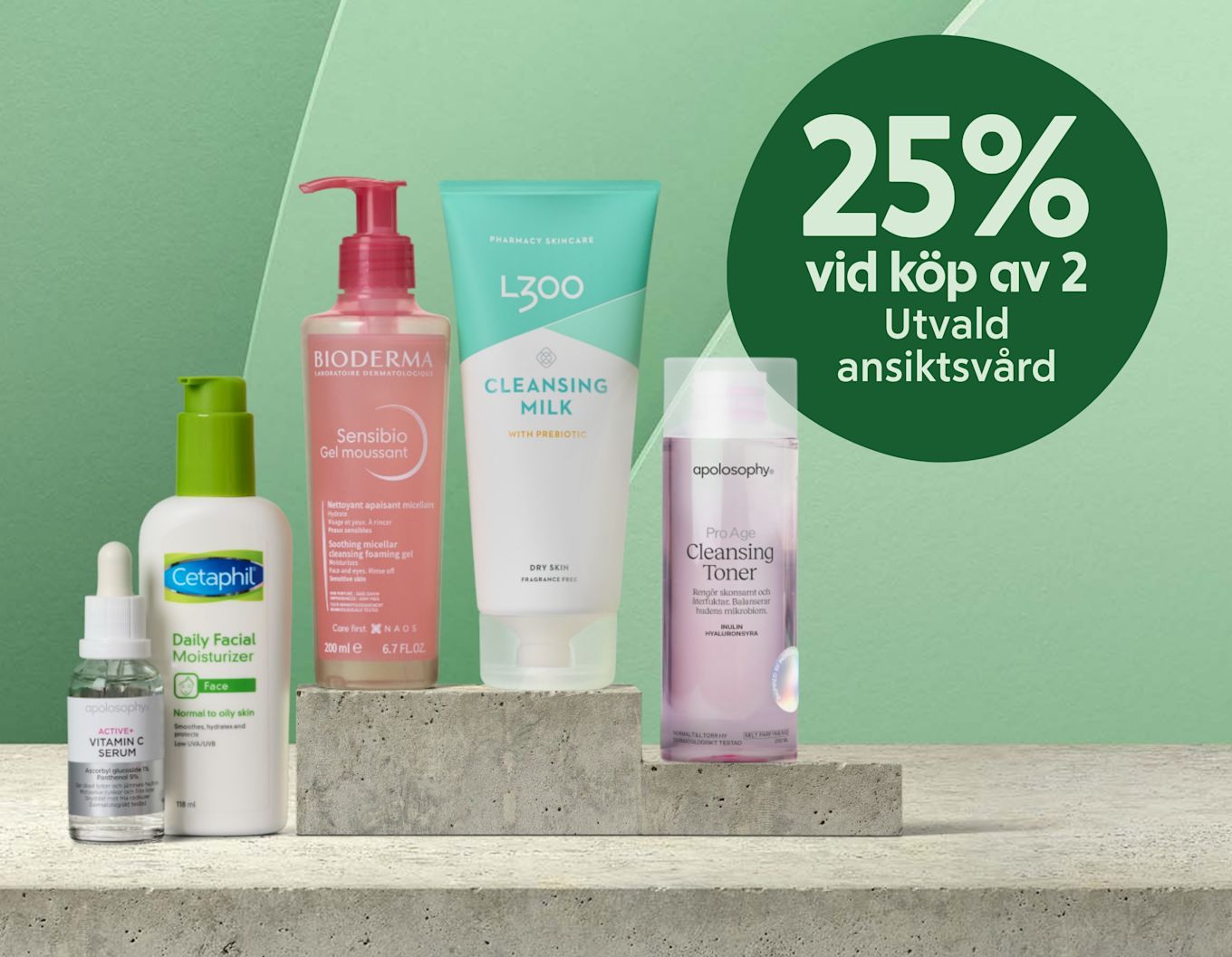 Fem olika ansiktsvårdsprodukter står på betongblock med en grön bakgrund och en grön cirkel med texten "25% vid köp av 2 Utvald ansiktsvård".