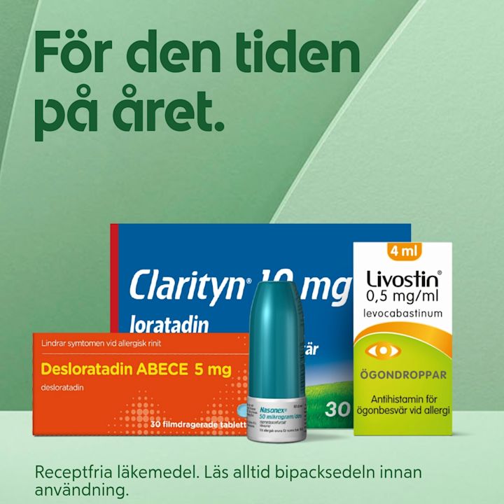 Olika allergimediciner i förpackningar och sprayflaska mot en grön bakgrund med texten "För den tiden på året" och en varning att läsa bipacksedeln före användning.