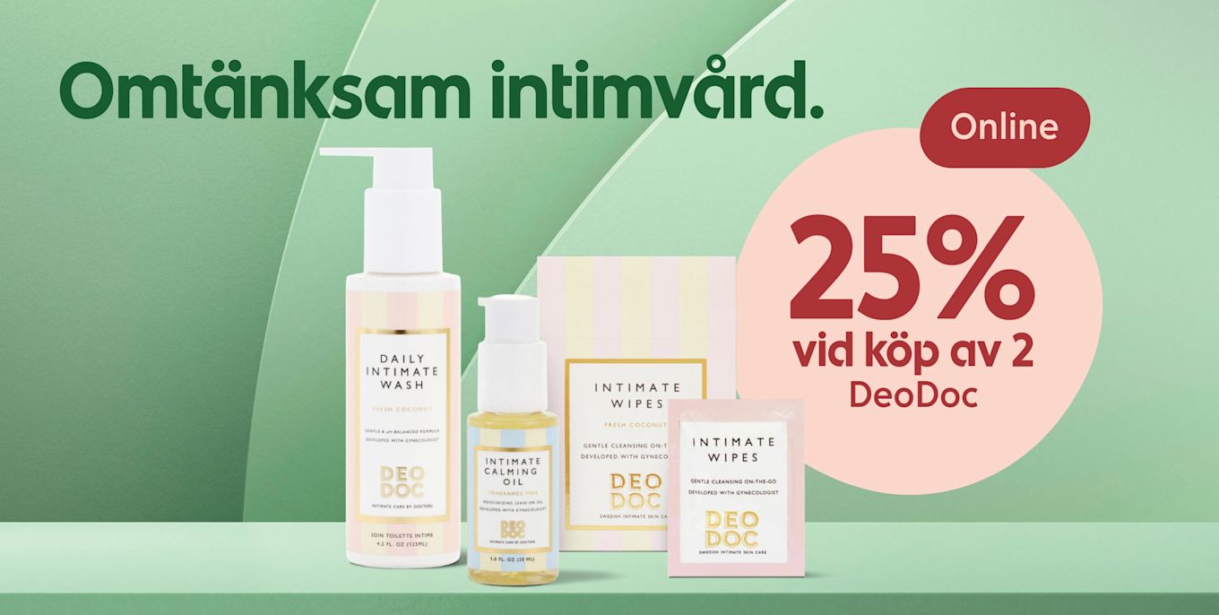 Fyra DeoDoc-intimvårdsprodukter (skumtvätt, olja, förpackning och våtservett) uppställda mot gröna bakgrunder med texten "25% vid köp av 2 Online".