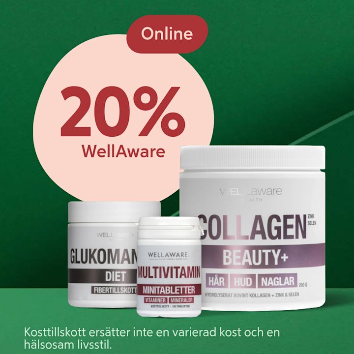 Tre burkar kosttillskott (WellAware Collagen Beauty+, Multivitamin minitabletter, Glukomannan Diet) framför grön bakgrund, med stort rosa emblem där det står "20% WellAware" och liten röd etikett "Online".