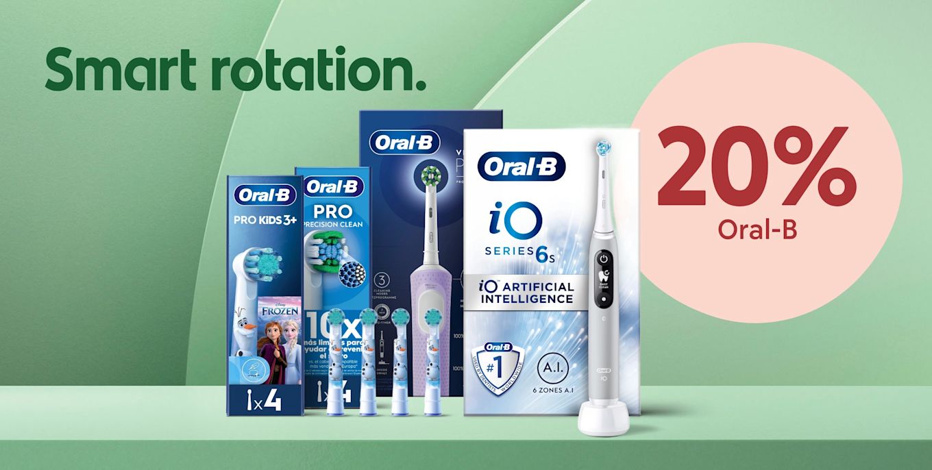 Olika Oral‑B eltandborstar och borsthuvuden i förpackningar uppställda framför grön bakgrund med text "Smart rotation" och rosa cirkel med "20% op Oral-B".