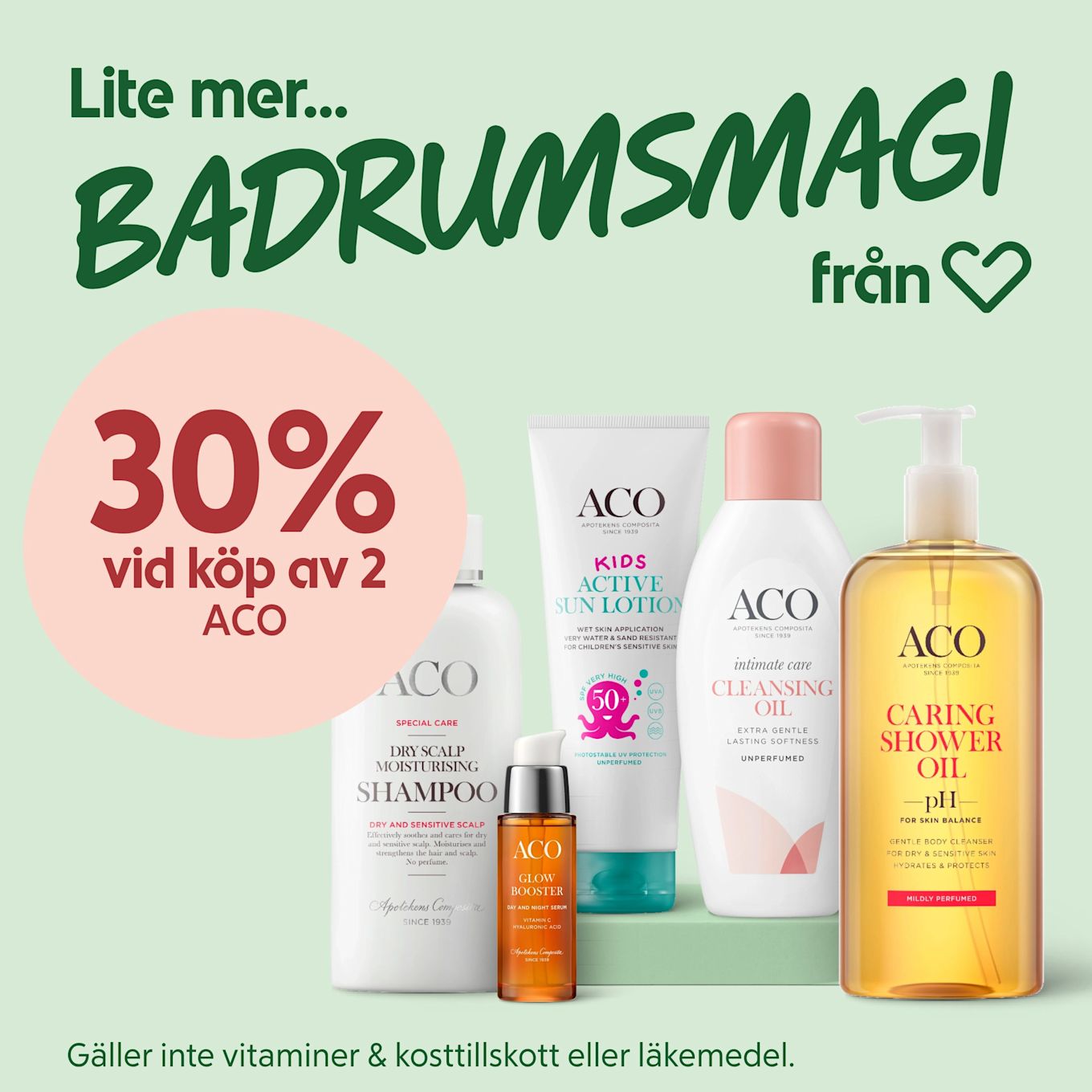 Flera ACO hudvårdsflaskor och tuber i varierande storlekar uppställda mot mintgrön bakgrund med en rosa cirkeltext "30% vid köp av 2 ACO" och rubriken "Badrumsmagi".