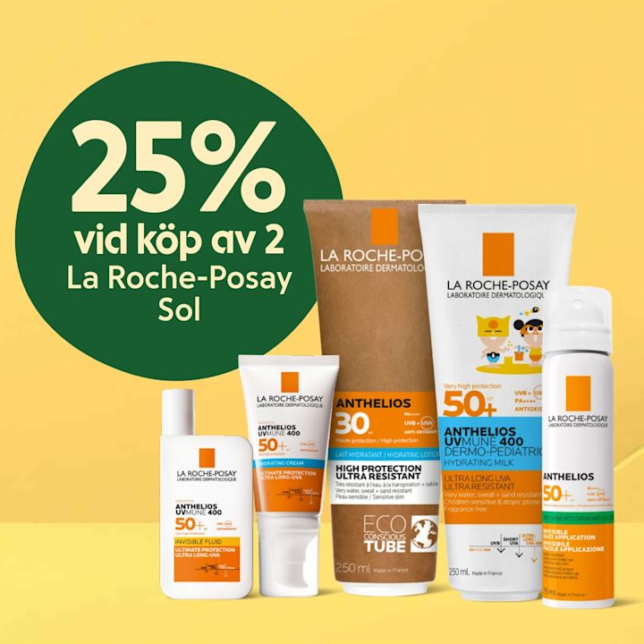 Fem La Roche-Posay Anthelios solprodukter i olika förpackningar framför en gul bakgrund med en grön cirkel där det står "25% vid köp av 2 La Roche-Posay Sol".