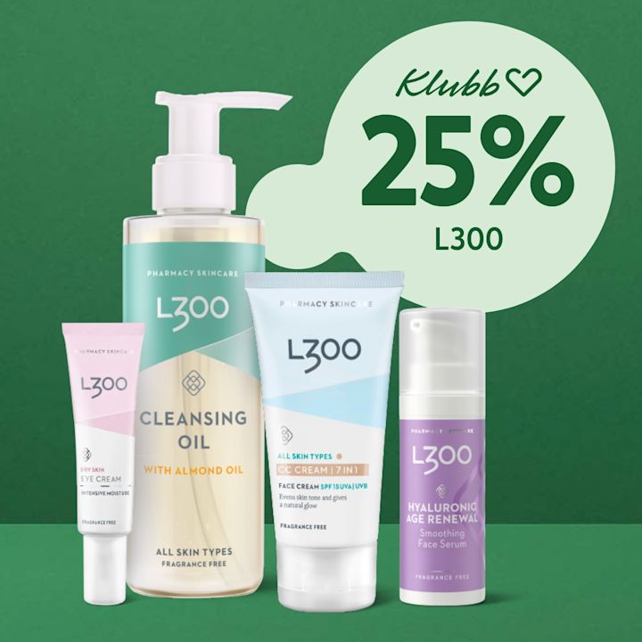 Fyra L300 hudvårdsprodukter står på grön bakgrund med texten Klubb 25% L300 i en pratbubbla.