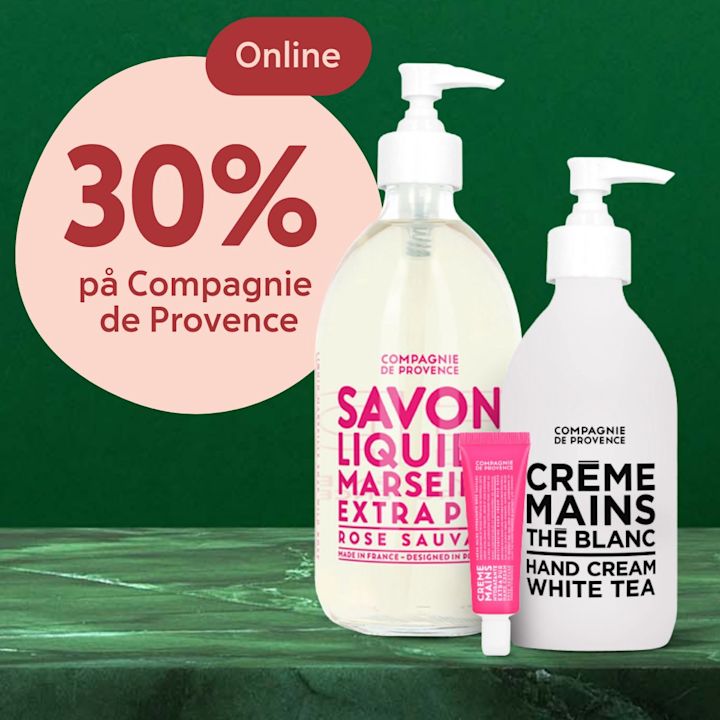 Tre Compagnie de Provence-produkter med pumpar och en 30 % rabatttext på en grön bakgrund.