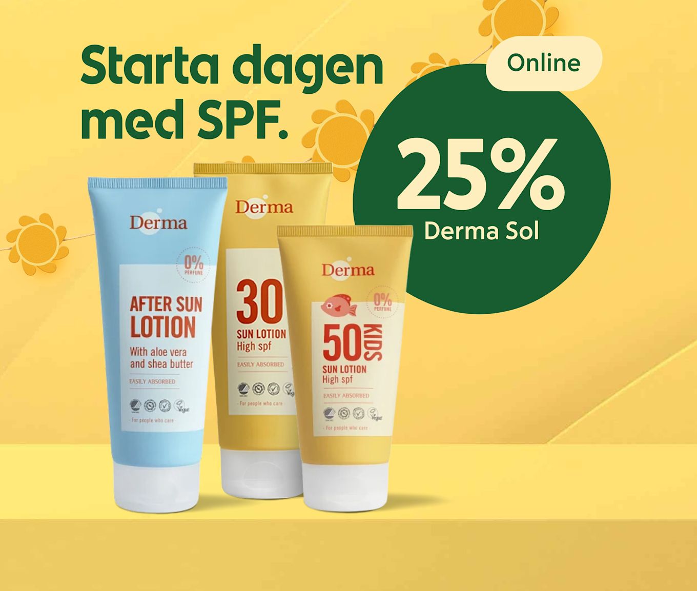 Tre solskyddsprodukter (After Sun, SPF30, SPF50 Kids) stående framför en gul bakgrund med texten "Starta dagen med SPF" och en grön cirkel med "25% Derma Sol".