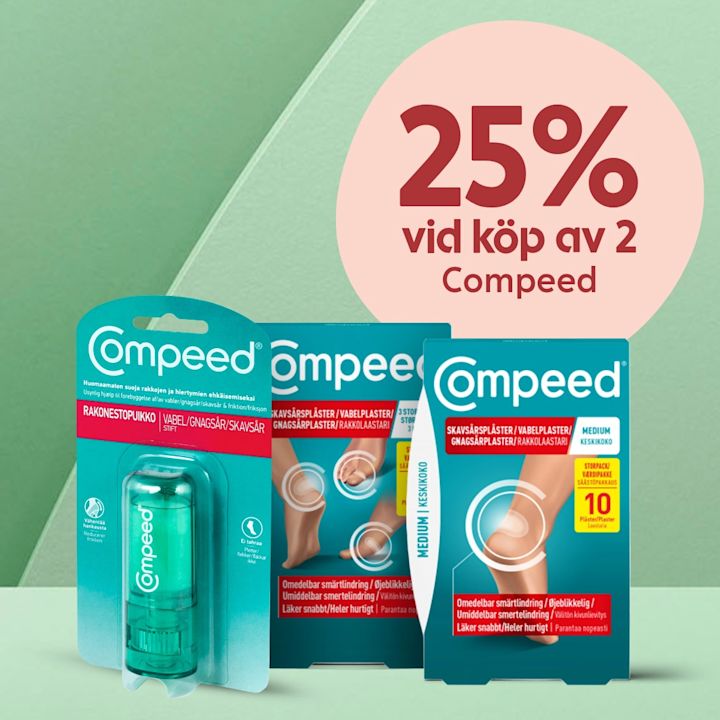 Tre Compeedförpackningar med produkter för skavsår står uppställda framför grön bakgrund med rosa cirkel där det står "25% vid köp av 2 Compeed".