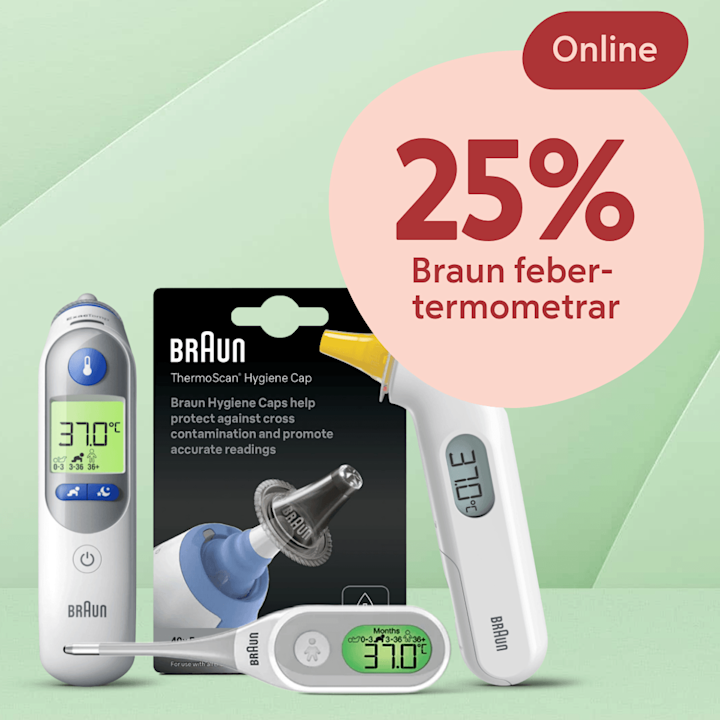 Fyra Braun febertermometrar och ett paket hygienfilter står mot en grön bakgrund, med en stor rosa cirkeltext som visar "25% rabatt på Braun febertermometrar" och ett litet rött märke med texten "Online".