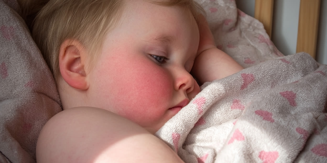 Hängigt barn ligger i sängen under en beige filt med rosa hjärtan. Barnet har mycket rosiga kinder.