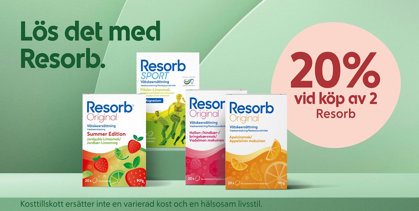 Fyra Resorb-förpackningar i olika smaker står på ett mintgrönt bord med texten "Lös det med Resorb" till vänster och en rosa cirkel till höger med erbjudandet "20% vid köp av 2 Resorb".
