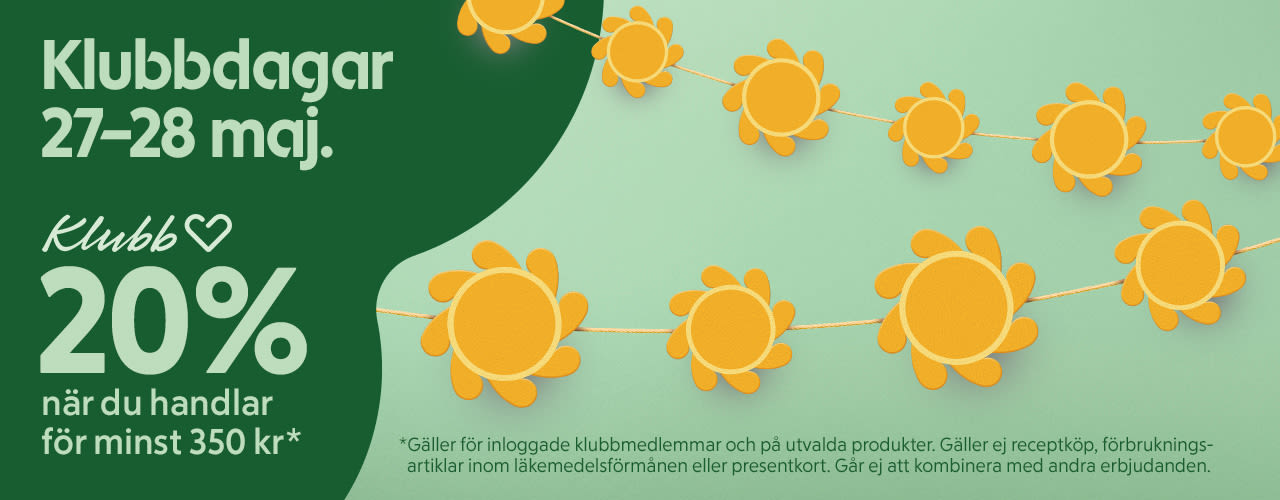 Grön bild för klubbdagar 27–28 maj med text om 20% rabatt för medlemmar vid köp över 350 kr och gula pappersblommor på snöre mot ljusgrön bakgrund.