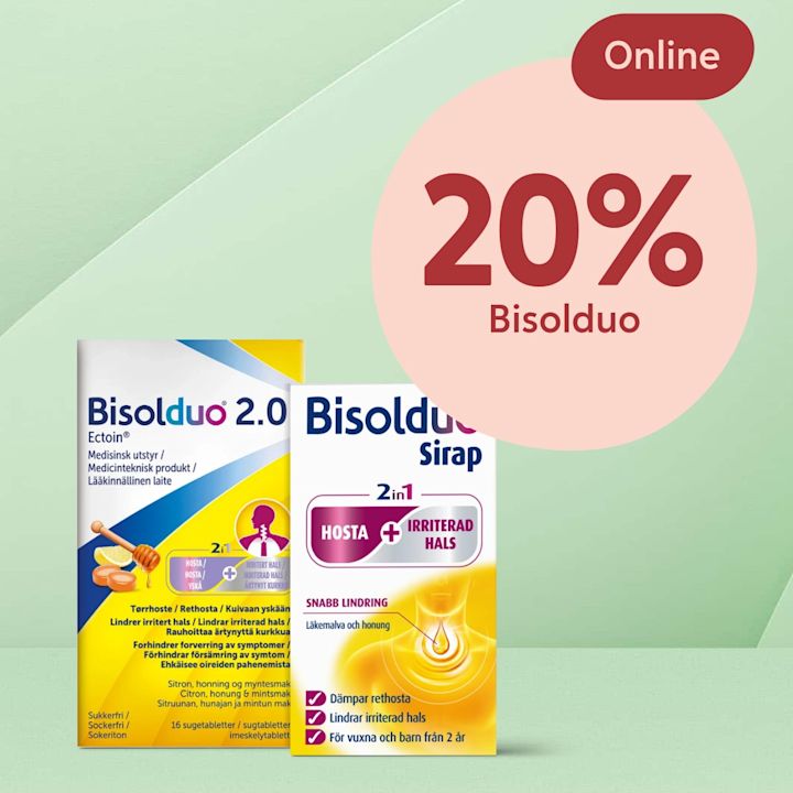Två Bisolduo-produkter (Bisolduo 2.0 sugtabletter och Bisolduo sirap) i förpackningar framför en ljusgrön bakgrund med en stor rosa cirkel som visar texten "20% Bisolduo" och en röd etikett "Online".