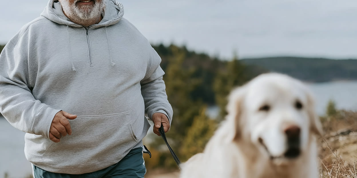 Man springer i naturen med en hund.