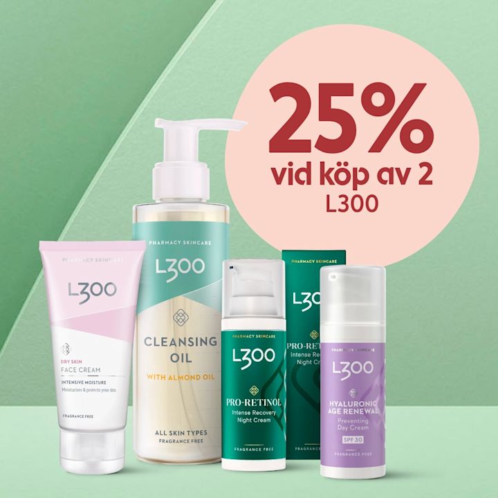 Fem L300 hudvårdsprodukter i rad framför en grön bakgrund med en rosa cirkel där texten "25% vid köp av 2 L300" syns.